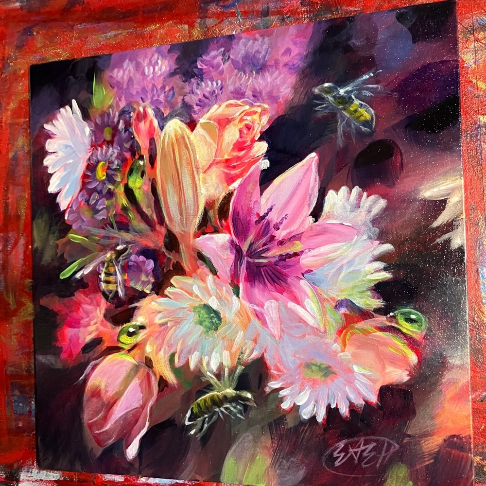 Original bee Painting Floral Bouquet honeybees Lily Rose still life surrealism